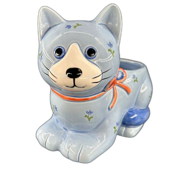 VTG Otagiri Japan Blue Cat With Floral Accents Pink Ribbon Small Planter - Picture 4 of 8
